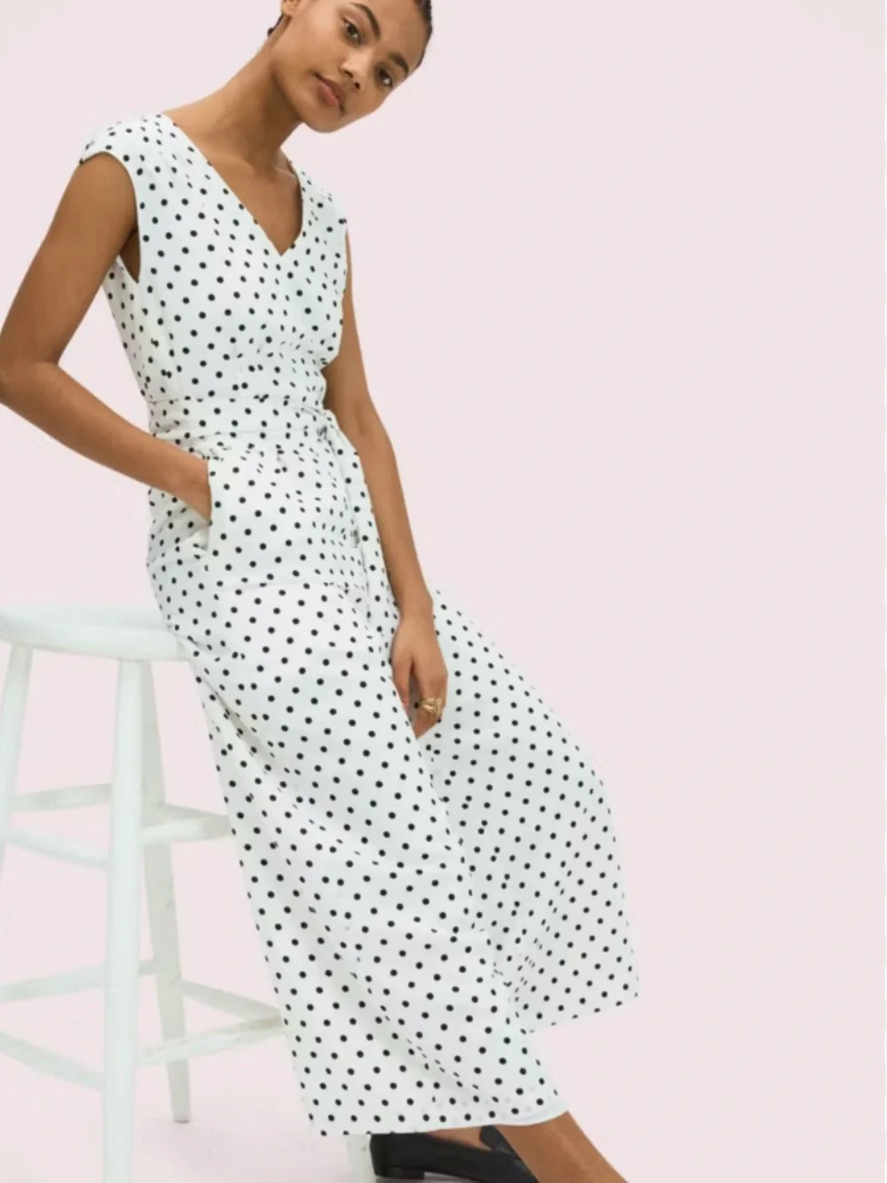 Kate Spade black and white Cabana Dot lined wide leg belt Jumpsuit size 0 NWT